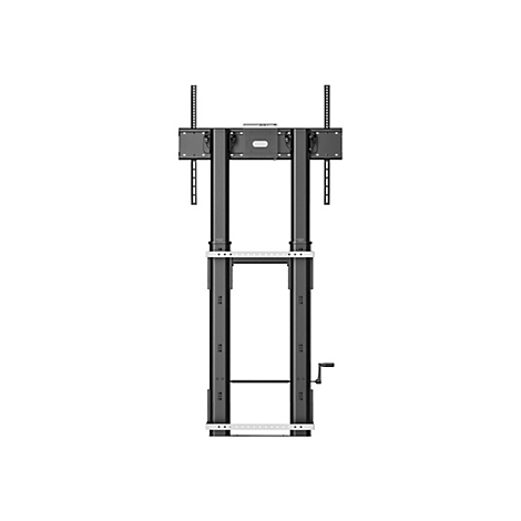 Schwarzer, höhenverstellbarer TV-Ständer auf weißem Hintergrund. Der Ständer hat eine Kurbel und ein Montagesystem.