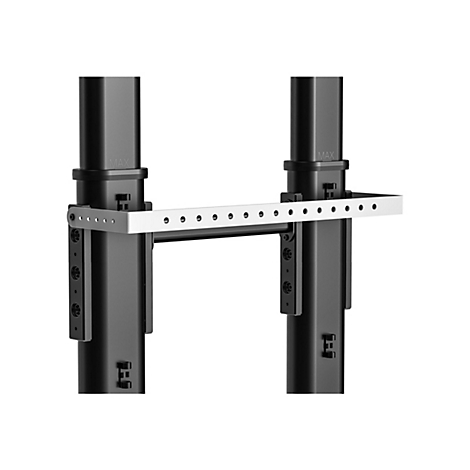 Schwarzes Metallgestell mit einer weißen Halterung. Auf der Halterung sind Löcher und der Schriftzug "MAX".