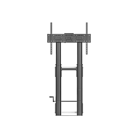 Ein schwarzer, höhenverstellbarer TV-Ständer auf weißem Hintergrund. Der Ständer besteht aus Säulen und einer Halterung für den Fernseher. An der Seite befindet sich eine Kurbel.