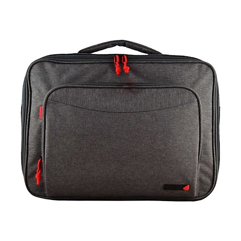 Graue Notebook-Tasche mit rotem Reißverschluss und roten Akzenten. Sie hat ein oberes Fach und eine Fronttasche.