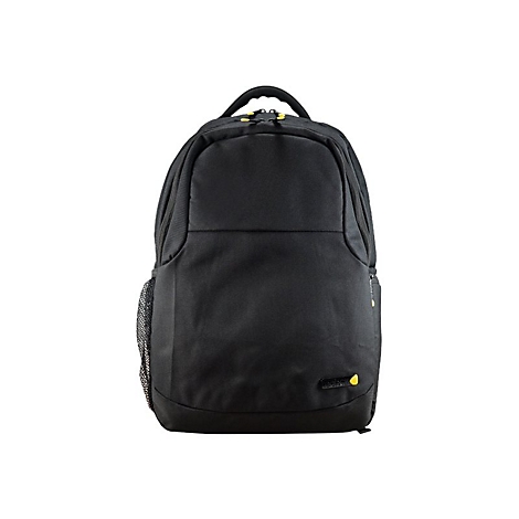 Schwarzer Rucksack mit gelben Akzenten, auf weißem Hintergrund. Tragegriff, Reißverschlüsse und Logo.