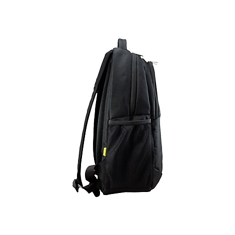 Schwarzer Rucksack, Seitenansicht. Netz-Taschen, gelbe Details und verstellbare Träger.
