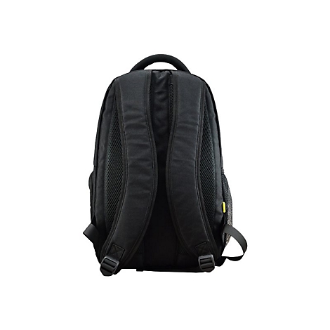 Schwarzer Rucksack von hinten, mit Tragegriffen und gepolsterten Schultergurten. Schwarzes Netz an den Seiten und an der Rückenpolsterung.