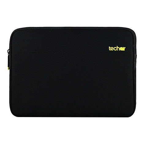 Schwarze Laptoptasche mit gelbem Reißverschluss und Logo.