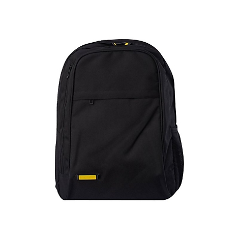 Schwarzer Rucksack mit gelbem Logo, Details: Reißverschluss, seitliche Netztasche, rechteckiger Anhänger.