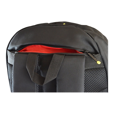 Nahaufnahme eines schwarzen Rucksacks mit geÃ¶ffneter ReiÃŸverschlusstasche und rotem Innenfutter. Ein schwarzer Tragegriff befindet sich mittig unten.