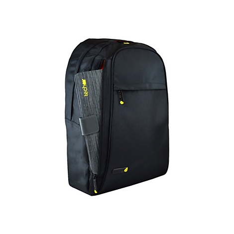 Schwarzer Rucksack mit gelben ReiÃŸverschlÃ¼ssen. In der Seitentasche steckt ein graues Etui mit gelbem Schriftzug.