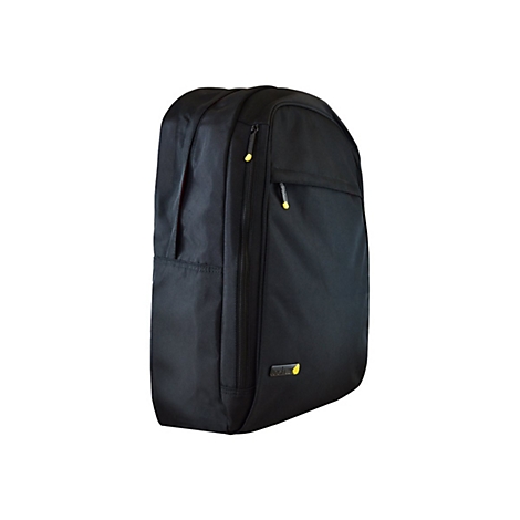 Schwarzer Rucksack, auf weiÃŸem Hintergrund. Gelbe ReiÃŸverschlÃ¼sse und Logo.