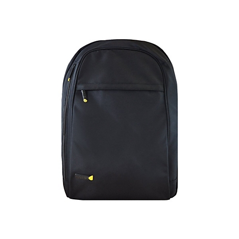 Schwarzer Rucksack mit gelben ReiÃŸverschlÃ¼ssen und Logos. Vorderseite mit einer kleinen ReiÃŸverschlusstasche.