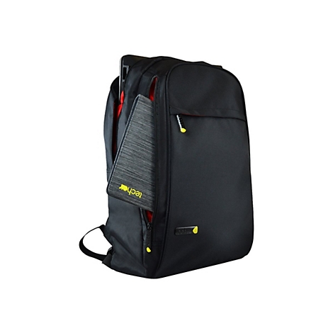 Schwarzer Rucksack mit gelben ReiÃŸverschlÃ¼ssen und einer Tablet-Tasche mit techair-Logo.
