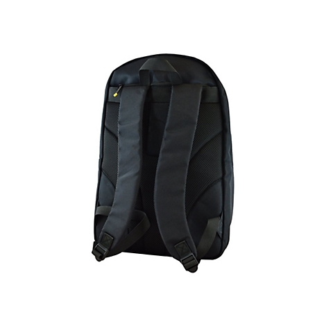 Schwarzer Rucksack von hinten, gepolsterte TrÃ¤ger, ReiÃŸverschluss, weiÃŸer Hintergrund.
