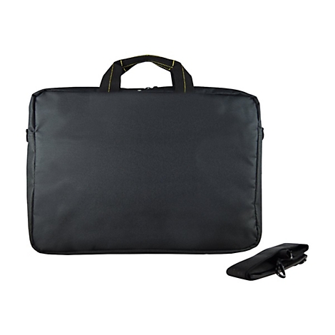 Schwarze Laptoptasche mit Tragegriff und abnehmbarem ZubehÃ¶r.