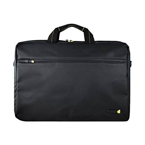 Schwarze Laptoptasche mit gelben Akzenten. ReiÃŸverschluss und Tragegriffe. Kleines gelbes Logo unten rechts.