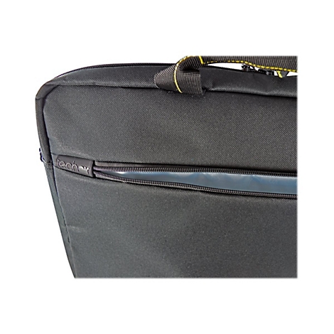 Detailaufnahme einer schwarzen Laptoptasche mit ReiÃŸverschluss. Gelbe NÃ¤hte und der Schriftzug techbox sind sichtbar.