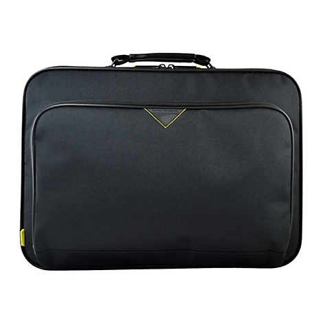 Schwarze Laptoptasche mit gelben Akzenten, Tragegriff und Reißverschluss. Auf der Fronttasche steht "function with emotion".