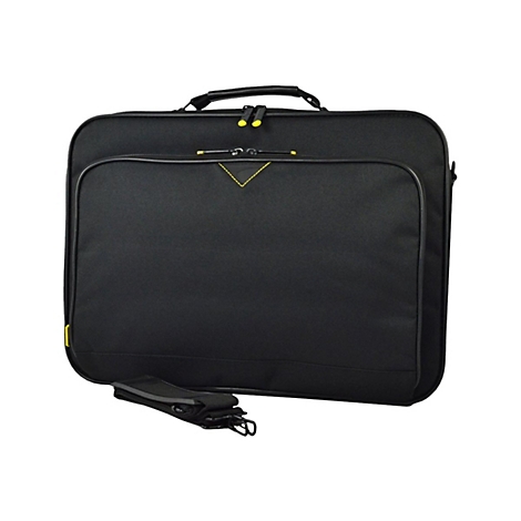 Schwarze Laptoptasche mit gelben Reißverschlüssen und Ziernähten. Sie hat einen Schultergurt und einen Tragegriff.