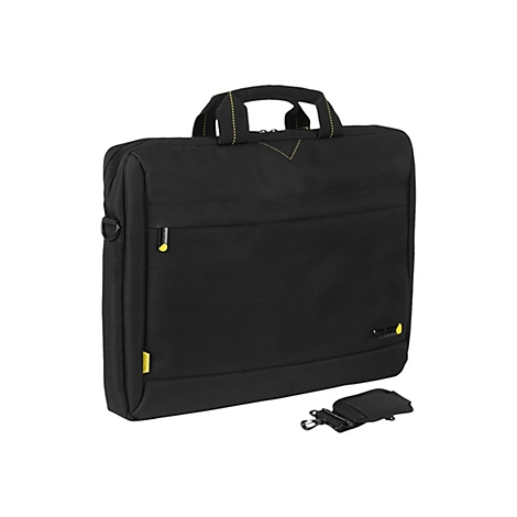 Schwarze Laptoptasche mit gelben Akzenten und Schultergurt. Griff und ReiÃŸverschluss in Gelb.