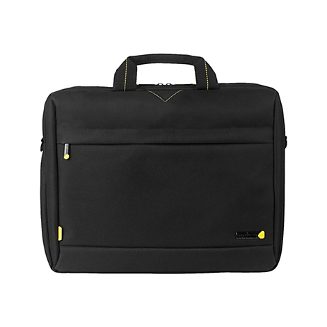 Schwarze Laptoptasche mit gelben Akzenten, Griff und ReiÃŸverschluss. Auf weiÃŸem Hintergrund.
