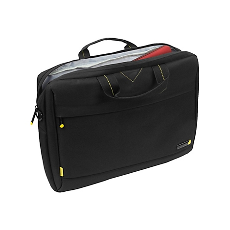 Schwarze Laptoptasche, teilweise geÃ¶ffnet, mit gelben Details. Oben ist ein rotes Dokument sichtbar.