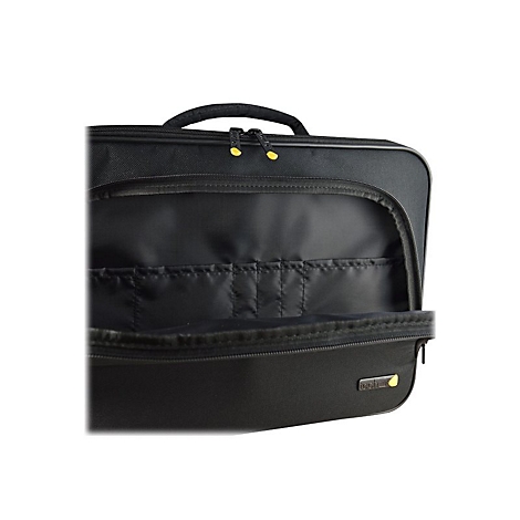 Schwarze Laptoptasche mit offenem Innenfach. Gelbe ReiÃŸverschlussdetails und ein Griff oben.