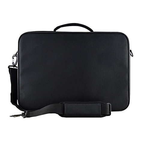 Schwarze Laptoptasche mit Tragegriff, Schultergurt und Metallkarabinern.