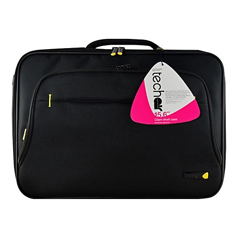 Schwarze Laptoptasche mit gelben Akzenten und einem Preisschild. Auf dem Schild steht 'techair 15.6' und 'Clam-shell case'.