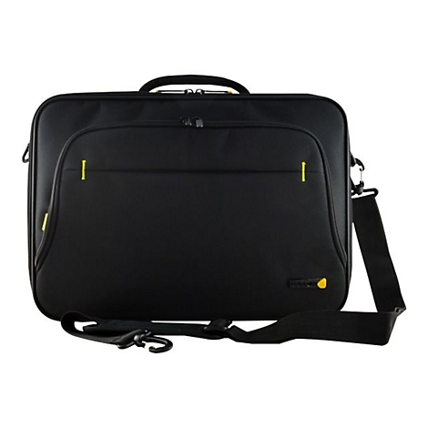 Schwarze Laptoptasche mit gelben Akzenten und UmhÃ¤ngeriemen.