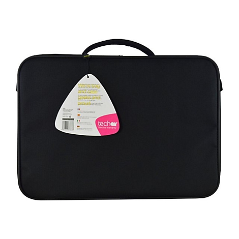 Schwarze Laptoptasche mit Tragegriff und Etikett. Etikett mit Produktinfos und rotem Logo.