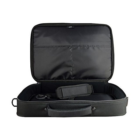 Offene, schwarze Laptoptasche mit Trageriemen. Innen: FÃ¤cher und gepolsterter Schultergurt.