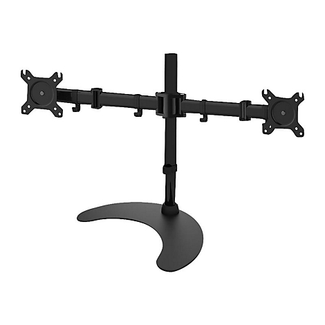 Schwarze Tischhalterung für zwei Monitore mit einem stabilen, halbmondförmigen Standfuß.