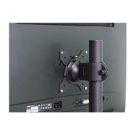 Nahaufnahme der Rückseite eines schwarzen Monitors, der an einer verstellbaren Monitorhalterung montiert ist.