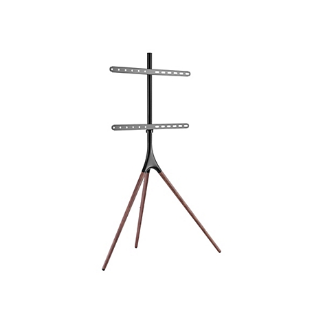 Ein TV-Ständer mit drei Holzbeinen in Stativform und einem schwarzen Metallmast mit zwei horizontalen Befestigungsschienen.