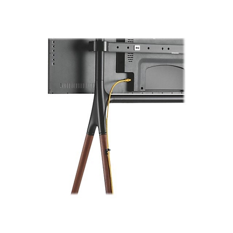Rückseite eines schwarzen Fernsehers auf einem Stativ mit Holzbeinen und gelbem Kabel.