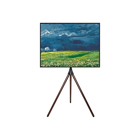 Gemälde von Van Gogh, auf Staffelei. Das Bild zeigt eine Landschaft mit dunklen Wolken über einem Feld.