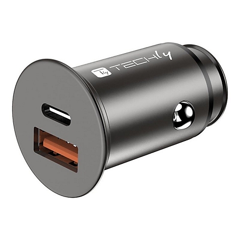 Schwarzes Techly Kfz-Ladegerät mit USB-C und USB-A Anschluss auf weißem Hintergrund.
