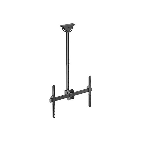 Schwarze Deckenhalterung für Fernseher mit verstellbarer Stange und Montageschienen.