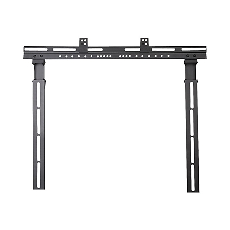 Schwarze TV-Wandhalterung aus Metall mit einer horizontalen Schiene und zwei senkrechten Streben vor weißem Hintergrund.