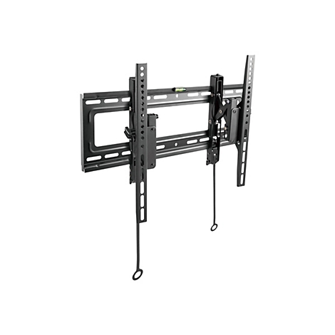 Schwarze, neigbare TV-Wandhalterung aus Metall mit integrierter Wasserwaage auf weißem Hintergrund.