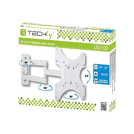 Weiße Techly LED 100 TV-Wandhalterung auf Produktverpackung mit Angaben zu Neigung und Drehbarkeit.