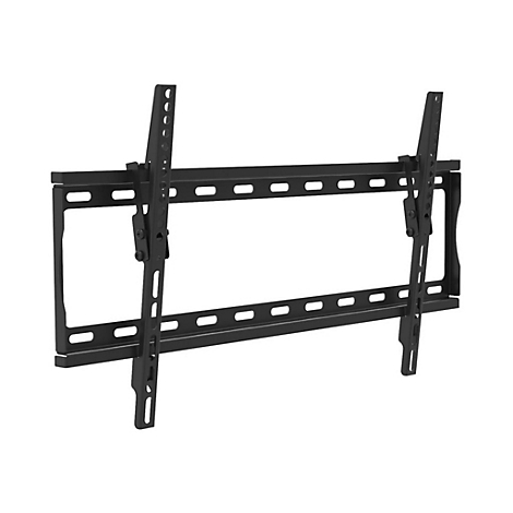 Schwarze, neigbare TV-Wandhalterung vor weißem Hintergrund.