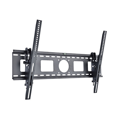 Schwarze TV-Wandhalterung aus Metall mit neigbaren Schienen und integrierter Wasserwaage auf weißem Grund.