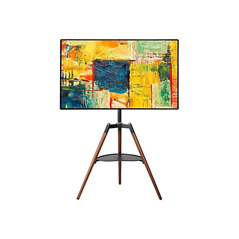 Ein Flachbildfernseher zeigt abstrakte Kunst auf einem dreibeinigen Holzstativ mit schwarzer Ablage.