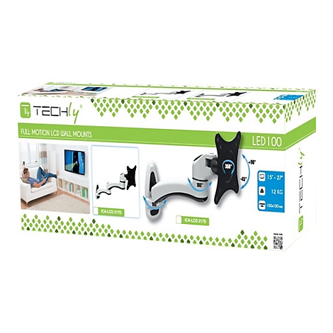 Produktverpackung der Techly Full Motion LCD-Wandhalterung mit Anwendungsbeispielen und technischen Daten.