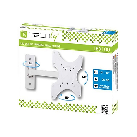 Weiße Techly TV-Wandhalterung in der Produktverpackung mit Angaben zu Neigung und Drehwinkel.