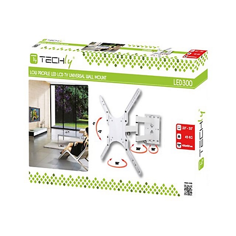 Verpackung der weißen Techly LED300 TV-Wandhalterung mit Szenenbild eines Wohnzimmers.