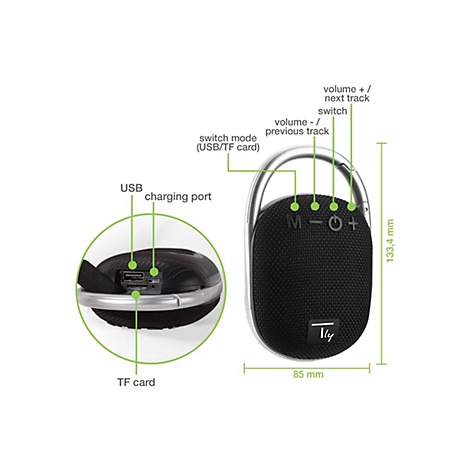 Technisches Diagramm eines ovalen schwarzen Bluetooth-Lautsprechers mit Karabinerhaken, der Tasten und Anschlüsse beschriftet.
