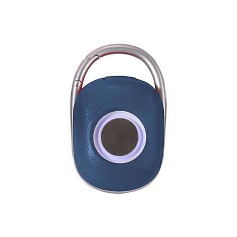 Blauer, runder Handwärmer mit silbernem Karabiner vor weißem Hintergrund.