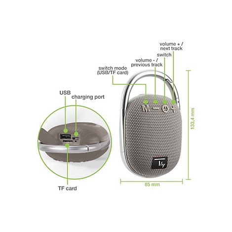 Tragbarer Bluetooth-Lautsprecher mit Beschriftungen der Bedienelemente und Anschlüsse sowie Maßangaben.