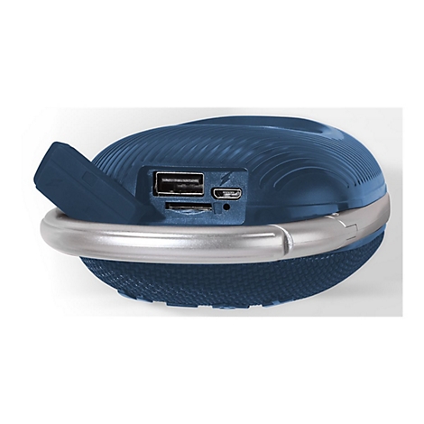 Blauer Lautsprecher mit geöffneter Abdeckung für USB- und Micro-USB-Anschlüsse.