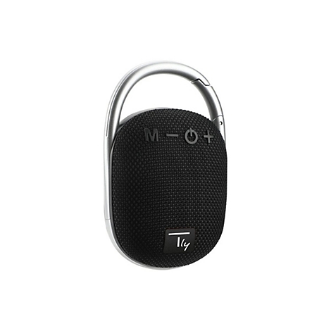 Schwarzer, ovaler Bluetooth-Lautsprecher mit silbernem Karabinerhaken und Bedienknöpfen auf der Oberseite.